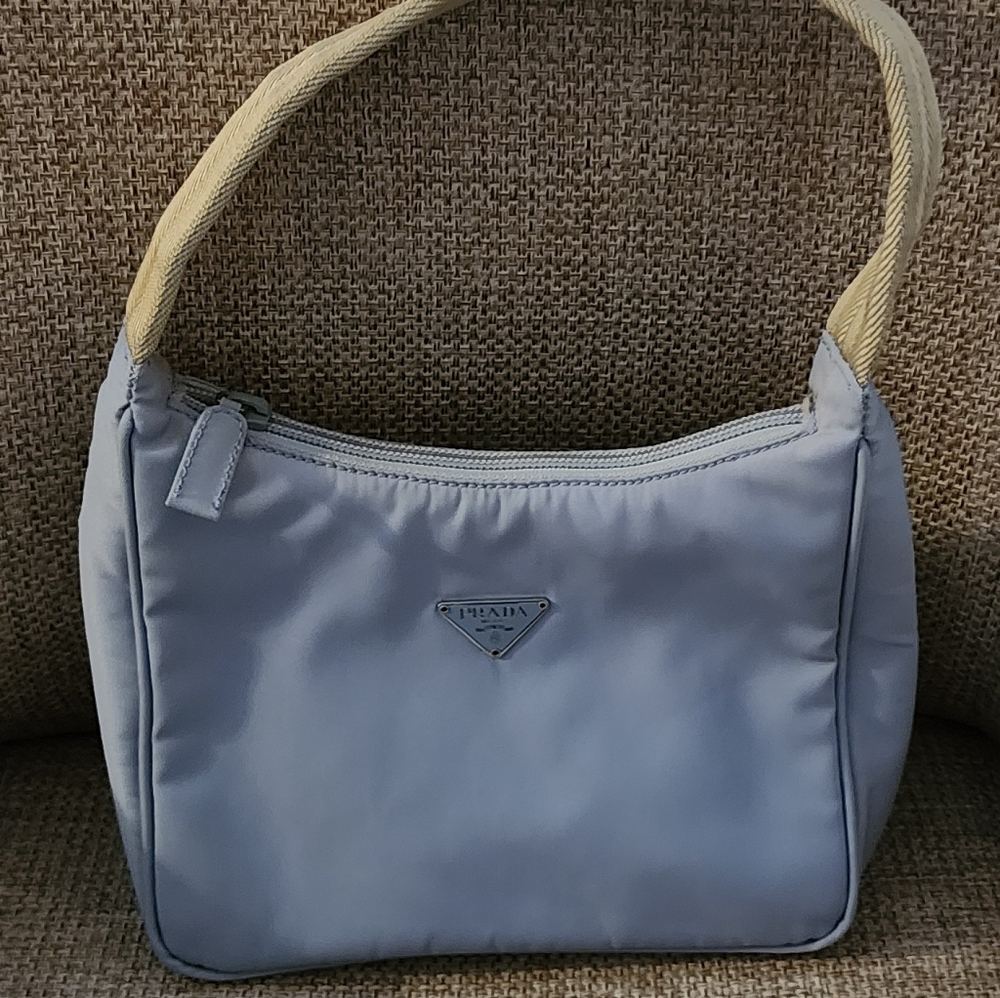 Prada Light Blue and Tan Classic Mini Re-edition Shoulder Hobo Bag